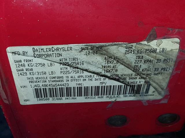 1J4GL48K45W544423 - 2005 JEEP LIBERTY SP RED photo 10