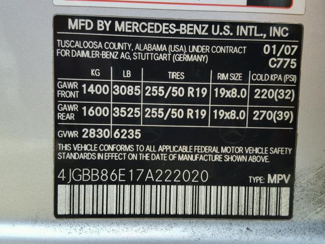 4JGBB86E17A222020 - 2007 MERCEDES-BENZ ML 350 SILVER photo 10