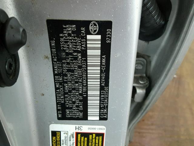 4T1BE46K08U759371 - 2008 TOYOTA CAMRY CE SILVER photo 10