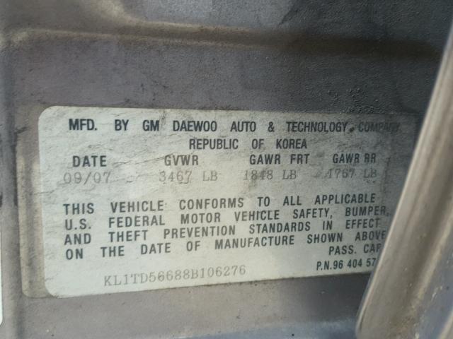 KL1TD56688B106276 - 2008 CHEVROLET AVEO BASE SILVER photo 10