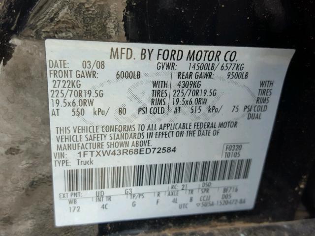 1FTXW43R68ED72584 - 2008 FORD F450 SUPER BLACK photo 10