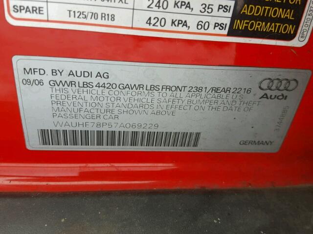 WAUHF78P57A069229 - 2007 AUDI A3 2 RED photo 10