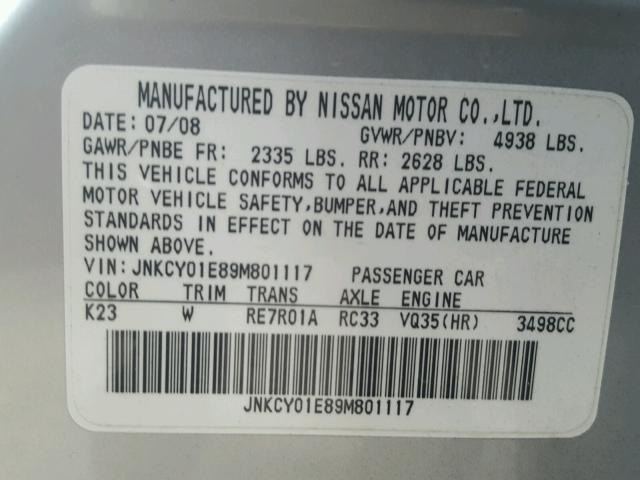 JNKCY01E89M801117 - 2009 INFINITI M35 BASE SILVER photo 10