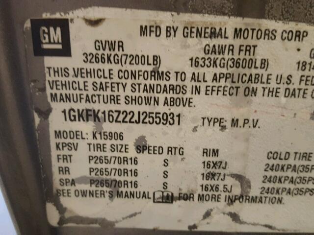 1GKFK16Z22J255931 - 2002 GMC YUKON XL K TAN photo 10