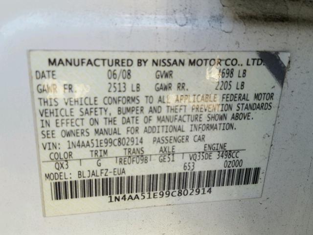 1N4AA51E99C802914 - 2009 NISSAN MAXIMA S WHITE photo 10