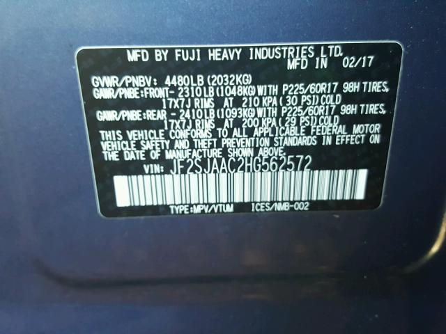 JF2SJAAC2HG562572 - 2017 SUBARU FORESTER 2 BLUE photo 10