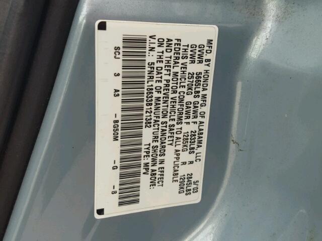 5FNRL18633B121382 - 2003 HONDA ODYSSEY EX BLUE photo 10