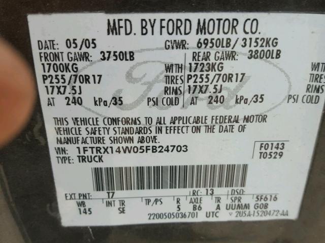 1FTRX14W05FB24703 - 2005 FORD F150 GRAY photo 10