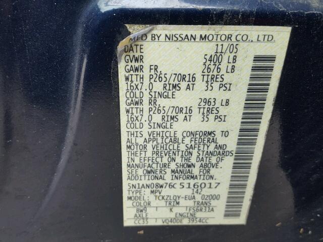 5N1AN08W76C516017 - 2006 NISSAN XTERRA OFF BLUE photo 10