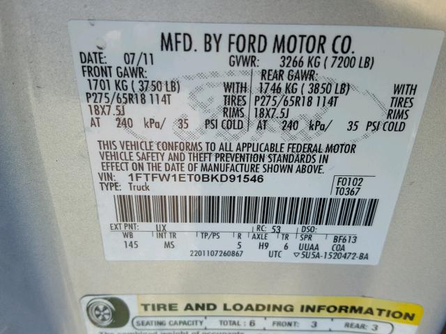 1FTFW1ET0BKD91546 - 2011 FORD F150 SUPER SILVER photo 10