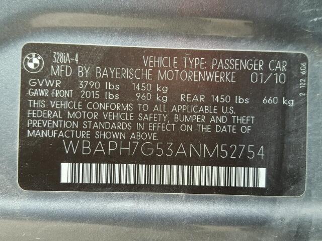 WBAPH7G53ANM52754 - 2010 BMW 328 I GRAY photo 10