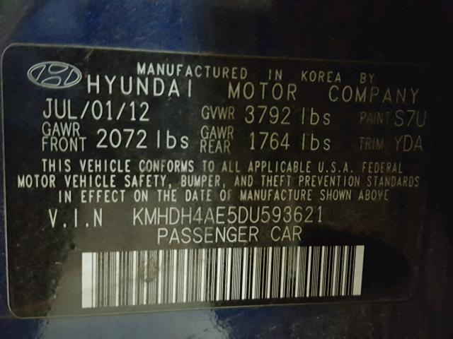 KMHDH4AE5DU593621 - 2013 HYUNDAI ELANTRA GL BLUE photo 10