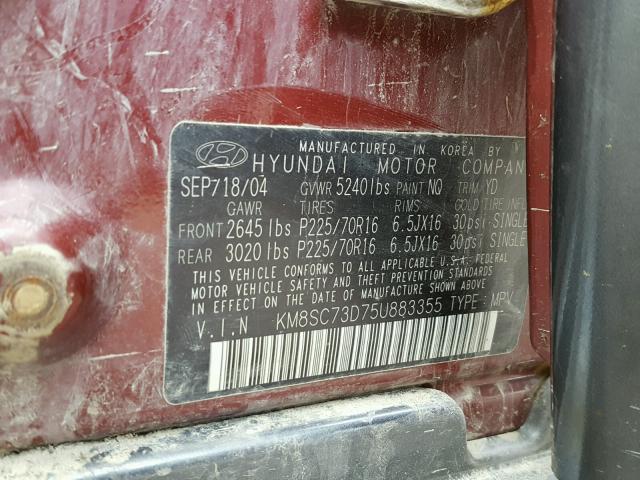 KM8SC73D75U883355 - 2005 HYUNDAI SANTA FE G MAROON photo 10