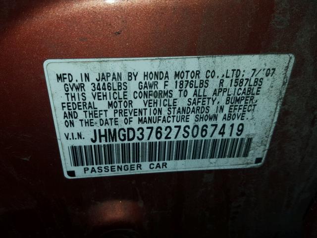 JHMGD37627S067419 - 2007 HONDA FIT S 橙色 照片 10