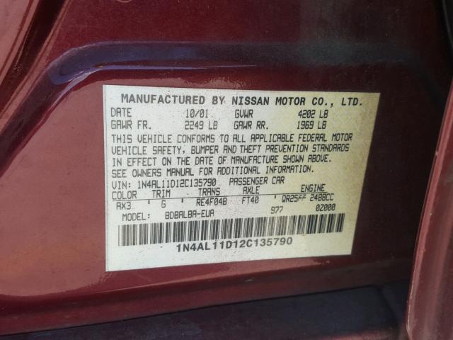 1N4AL11D12C135790 - 2002 NISSAN ALTIMA BAS RED photo 10