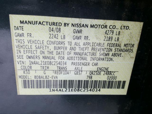 1N4AL21E08C254034 - 2008 NISSAN ALTIMA 2.5 GRAY photo 10