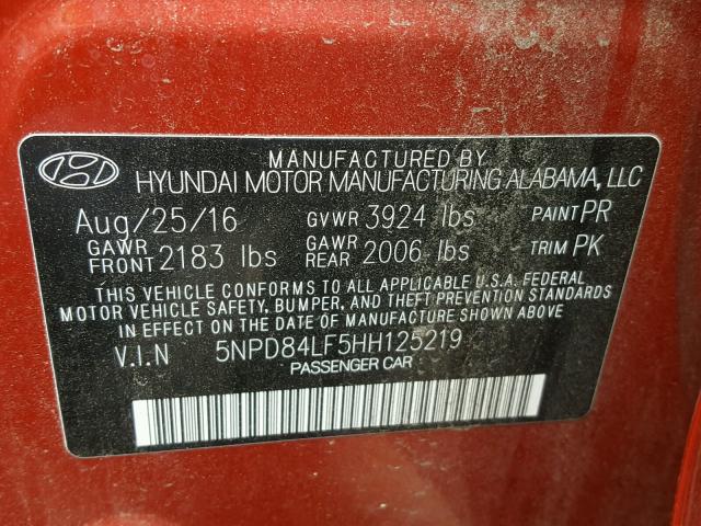 5NPD84LF5HH125219 - 2017 HYUNDAI ELANTRA SE RED photo 10