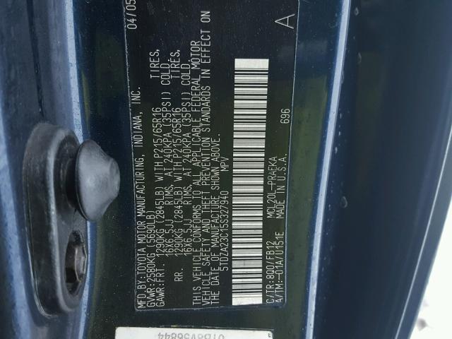 5TDZA23C15S327940 - 2005 TOYOTA SIENNA CE BLUE photo 10