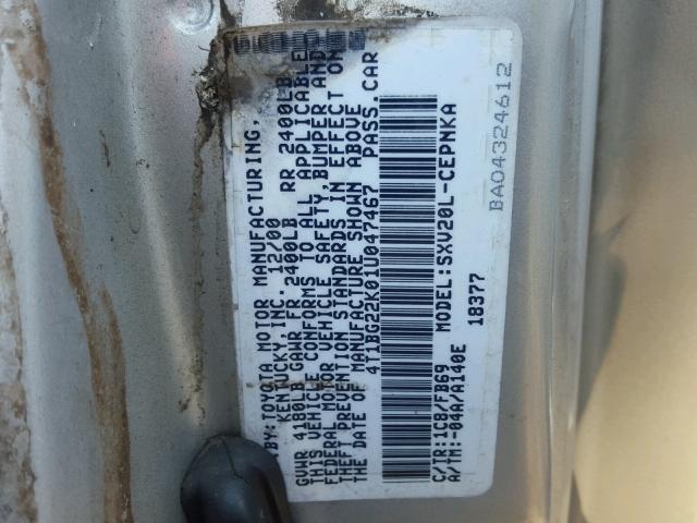 4T1BG22K01U047467 - 2001 TOYOTA CAMRY CE SILVER photo 10