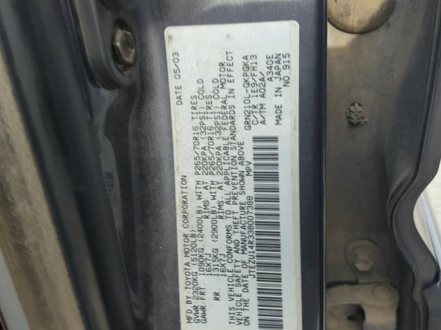 JTEZU14R338007388 - 2003 TOYOTA 4RUNNER SR GRAY photo 10