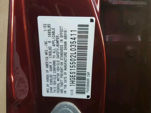 1HGES15502L035411 - 2002 HONDA CIVIC LX BURGUNDY photo 10