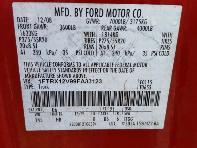 1FTRX12V99FA33123 - 2009 FORD F150 SUPER MAROON photo 10