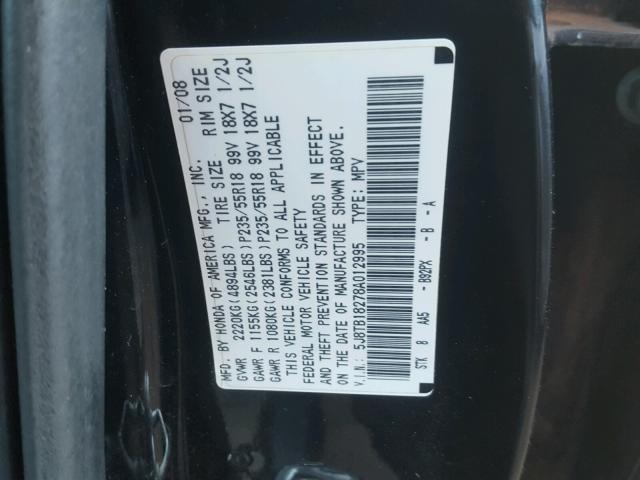 5J8TB18278A012995 - 2008 ACURA RDX BLACK photo 10