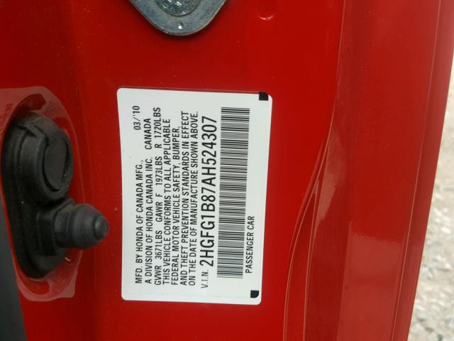 2HGFG1B87AH524307 - 2010 HONDA CIVIC EX 红色 照片 10