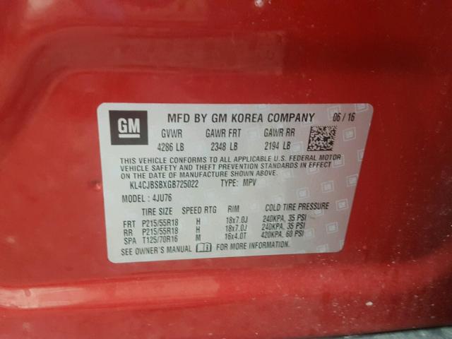 KL4CJBSBXGB725022 - 2016 BUICK ENCORE CON RED photo 10