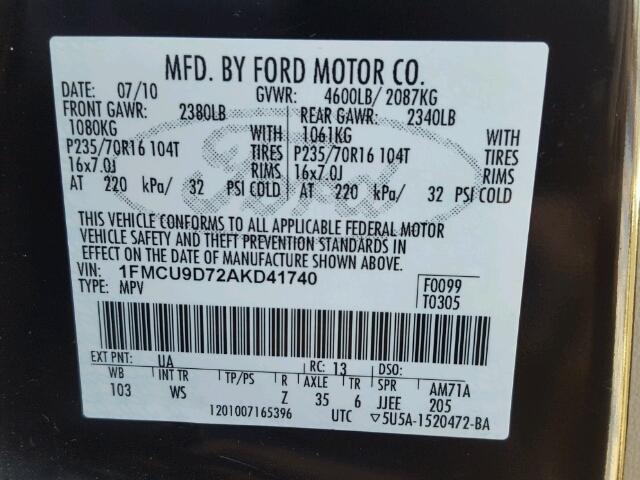 1FMCU9D72AKD41740 - 2010 FORD ESCAPE XLT BLACK photo 10