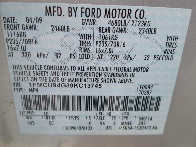 1FMCU94G39KC13745 - 2009 FORD ESCAPE LIM WHITE photo 10