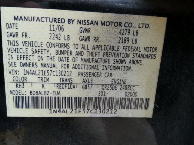 1N4AL21E57C130212 - 2007 NISSAN ALTIMA 2.5 BLACK photo 10