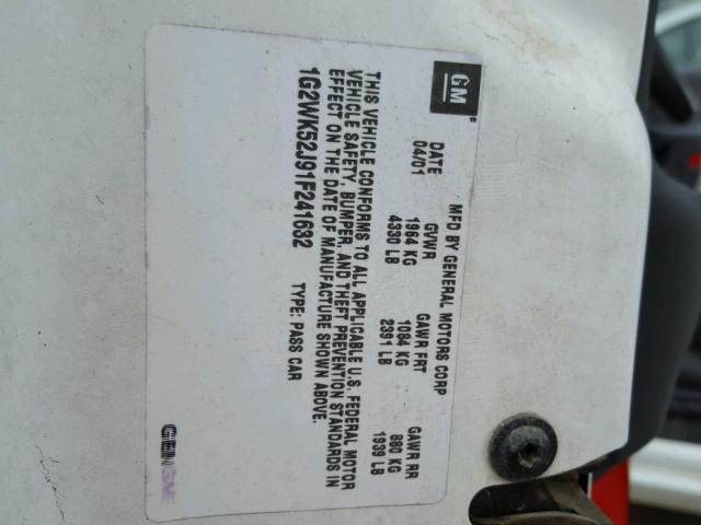 1G2WK52J91F241632 - 2001 PONTIAC GRAND PRIX WHITE photo 10