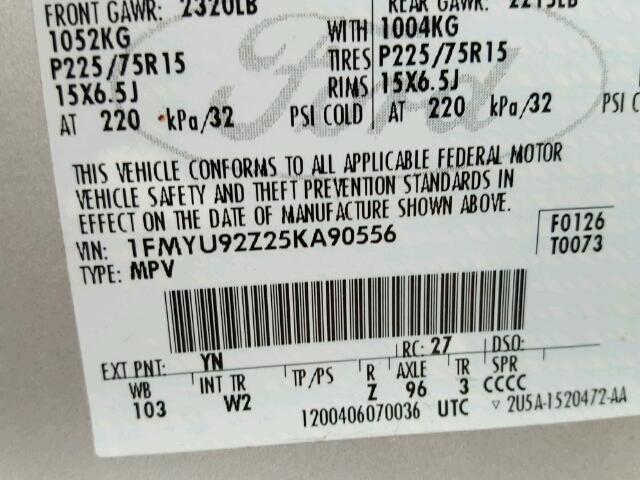 1FMYU92Z25KA90556 - 2005 FORD ESCAPE XLS SILVER photo 10