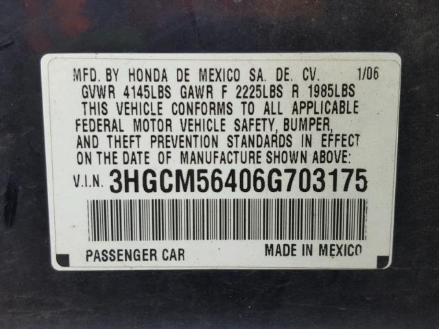 3HGCM56406G703175 - 2006 HONDA ACCORD LX BLUE photo 10