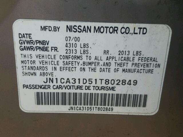 JN1CA31D51T802849 - 2001 NISSAN MAXIMA GXE GRAY photo 10