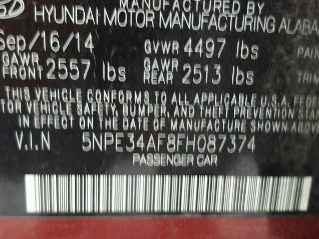 5NPE34AF8FH087374 - 2015 HYUNDAI SONATA SPO MAROON photo 10