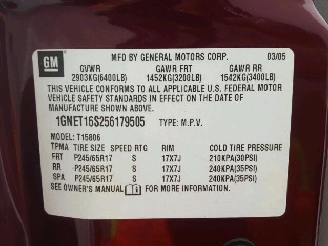 1GNET16S256179505 - 2005 CHEVROLET TRAILBLAZE MAROON photo 10