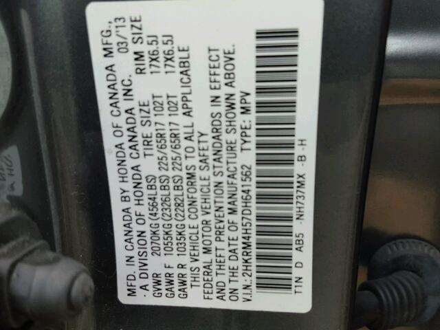 2HKRM4H57DH641562 - 2013 HONDA CR-V EX GRAY photo 10