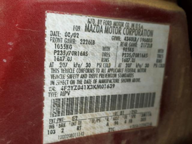 4F2YZ041X3KM01639 - 2003 MAZDA TRIBUTE LX RED photo 10