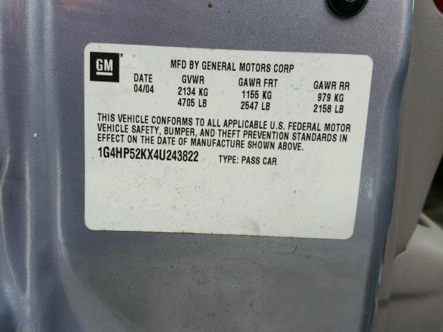 1G4HP52KX4U243822 - 2004 BUICK LESABRE CU GRAY photo 10