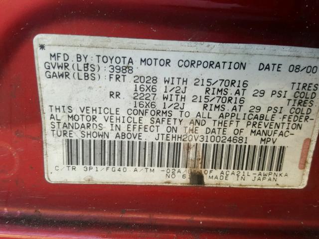 JTEHH20V310024681 - 2001 TOYOTA RAV4 RED photo 10