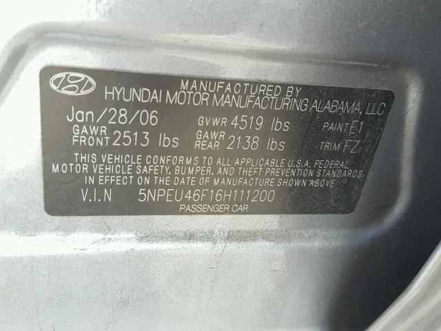 5NPEU46F16H111200 - 2006 HYUNDAI SONATA GLS GRAY photo 10