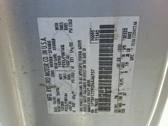 1FTRF17292NA46757 - 2002 FORD F150 SILVER photo 10