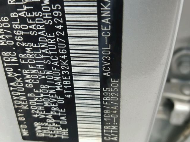 4T1BE32K46U724295 - 2006 TOYOTA CAMRY LE 灰色 照片 10