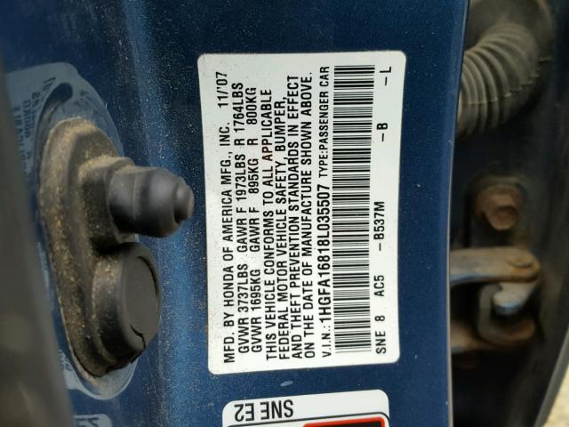 1HGFA16818L035507 - 2008 HONDA CIVIC EX ლურჯი ფოტო 10