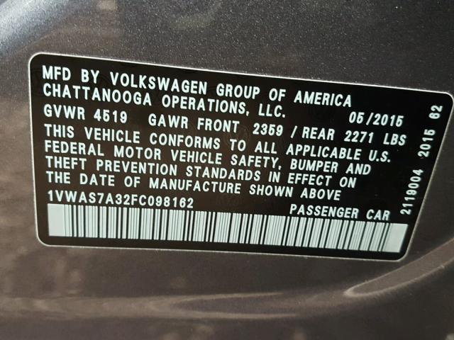 1VWAS7A32FC098162 - 2015 VOLKSWAGEN PASSAT S Մոխրագույն լուսանկար 10
