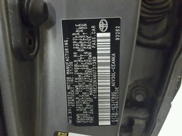 4T1BE32K46U731389 - 2006 TOYOTA CAMRY LE CHARCOAL photo 10