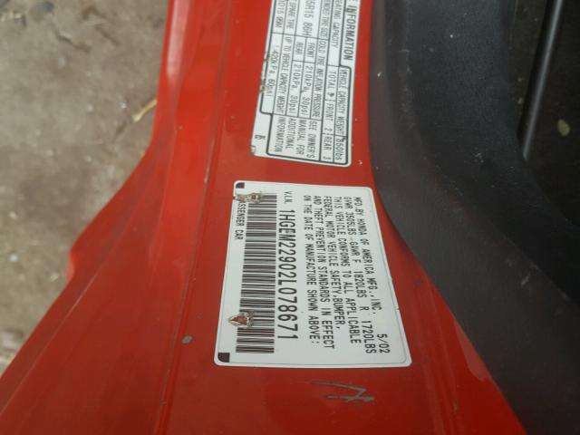 1HGEM22902L078671 - 2002 HONDA CIVIC EX RED photo 10