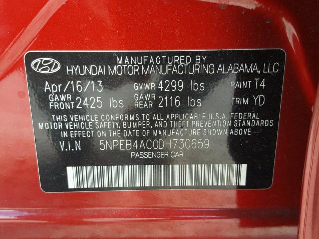 5NPEB4AC0DH730659 - 2013 HYUNDAI SONATA GLS RED photo 10